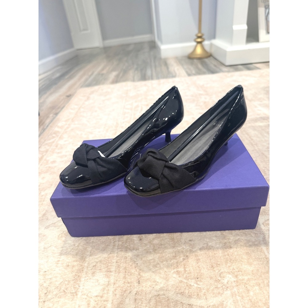 Stuart Weitzman Puffystuff Black Patent Leather‎ Kitten Heel Pumps 5 Square Toe